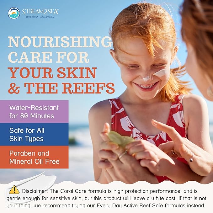 Stream2Sea Coral Care - Reef Safe Sunscreen SPF 30 Travel Size - First Reef-Approved Natural Mineral Sun block Boosts Coral Growth Water resistant Biodegradable Eco-Friendly Sunscreen