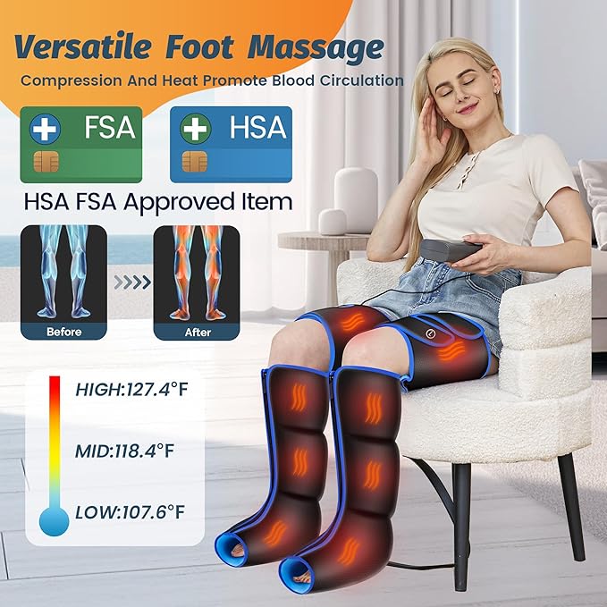 Leg Air Massager with Heat &amp Compression Calf Thigh Foot Massager for Circulation Relaxation Pain Relief - 6 Modes 3 Intensity Levels 3 Heat Levels