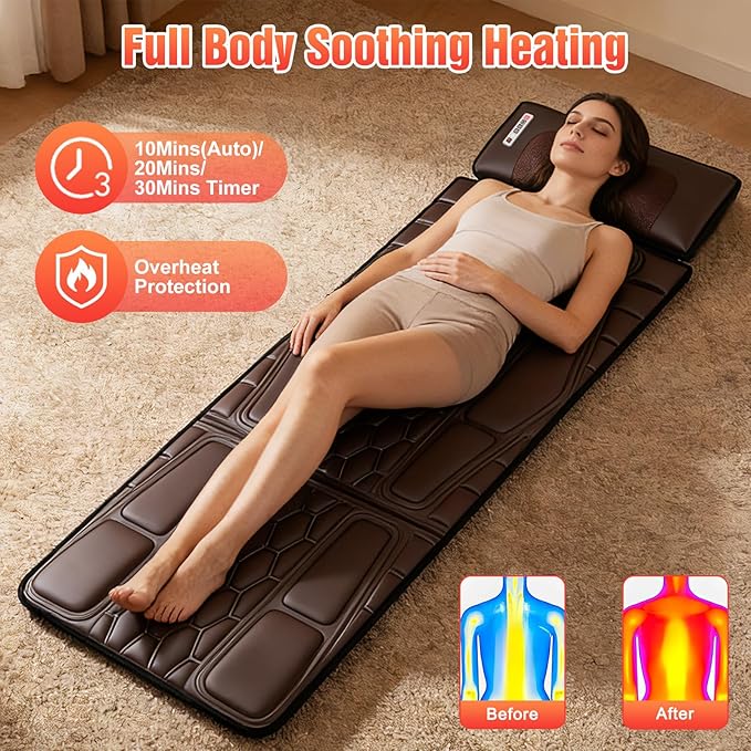 Full Body Massage Mat with Heat 12 Vibration Nodes Massage Chair Pad with 3 Heating Levels Multifunctional Full Body PU Relaxation Seat Back Massager with Head Neck Pillow for Home Office