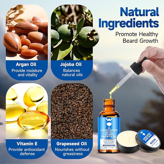 Beard Growth Oil &amp Beard Balm - Beard Growth Kit with 2X Concentration Biotin for Men Natural Ingredients with Argan Oil Jojoba Oil and Vitamin (Sandalwood)