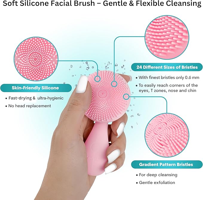 Silicon Facial Cleansing Brush - Electric Rechargeable Waterproof IPX7 - Rotating Magnetic Beads - 4 Function Modes - Face Massage for Deep Cleaning - Magnetic Charging Base - Ergonomic Handle