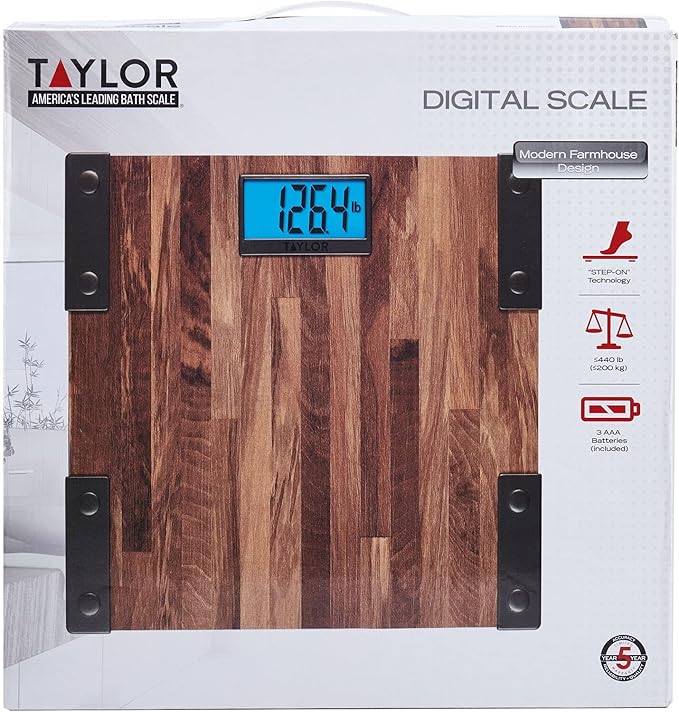 Taylor Digital Scales for Body Weight Extra High Accurate 440 LB Capacity Unique Blue LCD Farmhouse Look Auto On and OffScale 12.4 x 12.4 Inches Brown