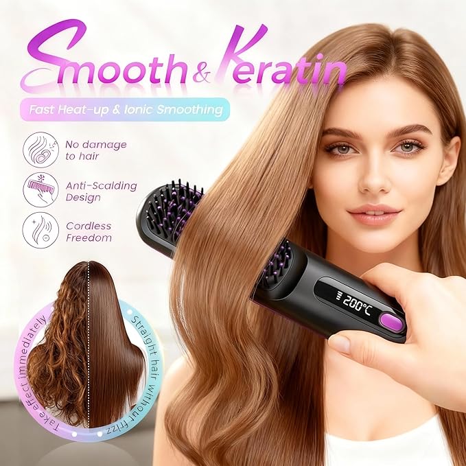 2026 New Cordless Hair Straightening Brush with LCD Display Fast Heating Portable Hair Straightener USB-C Charging for Travel Home (Purple)