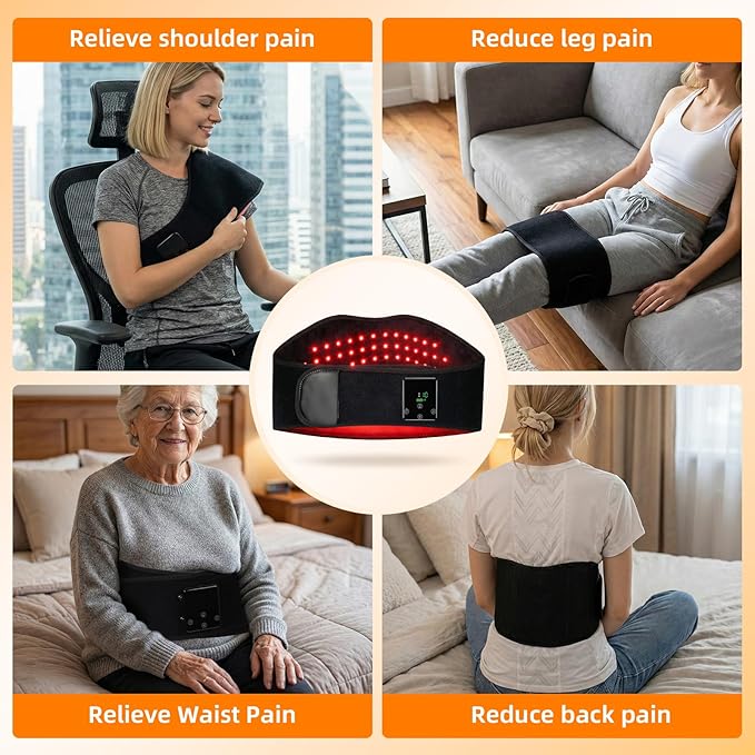 Portable Red Light Therapy Belt for Back Pain &amp Abdomen 5000mAh Cordless with Dual-Zone Control 10/20/30 Min Timer 10Hz Pulse for Muscle Recovery Home Office Use Gift for Parents