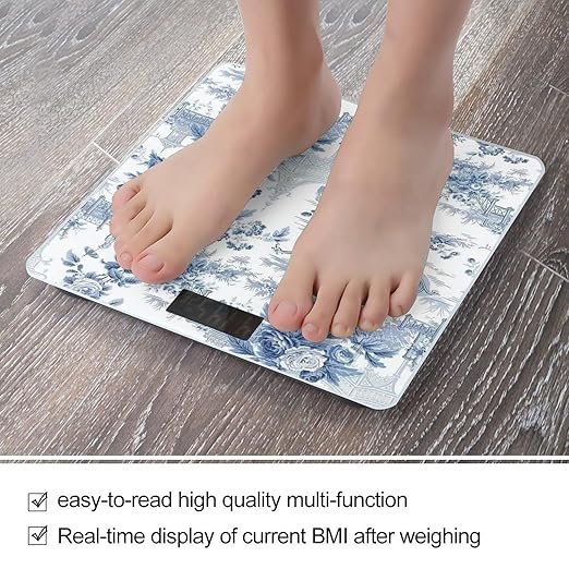 Japenese Style Blue Chinoiserie Landscape Painting Smart Square Scale with Digital Display for Bathroom Scale
