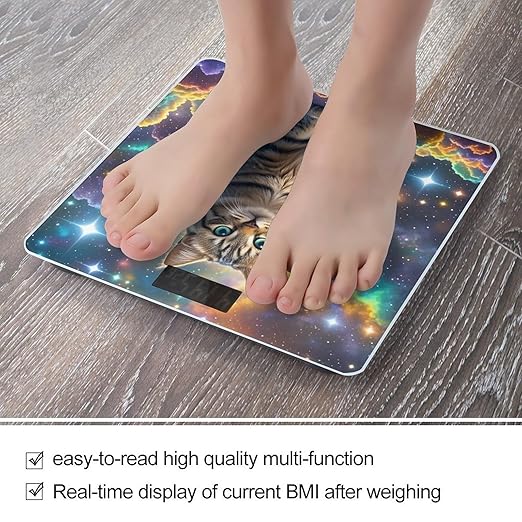 Cat Sitting Inside Nebula Bathroom Scale for Body Weight Bathroom Weighing Scales with Back Lit LED Display Sturdy Tempered Glass Body Weight Bathroom Scale 400lb Weighing