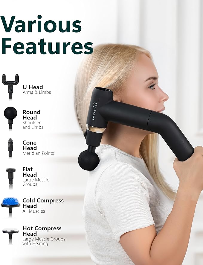Massage Gun with Detachable Extension Handle for Deep Tissue Muscle Massage – Handheld Back &amp Shoulder Percussion Heated Massager for Men &amp Women. Professional Pain Relief Massage Tool.