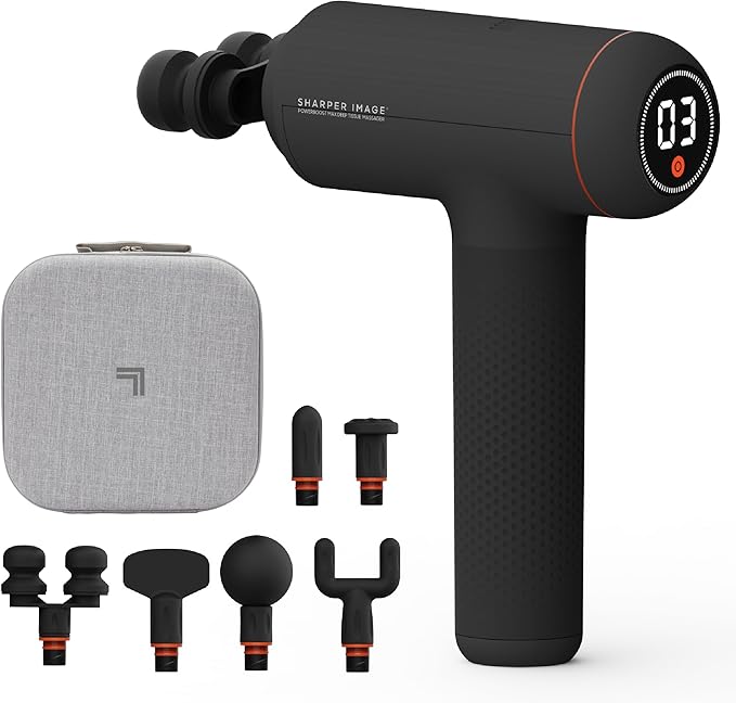 Sharper Image Deep Tissue Percussion Massage Gun Powerboost MAX Rechargeable Handheld Massager 7 Adjustable Speeds 6 Attachment Heads &amp Carrying Case Full Body Muscle Pain Relief Black