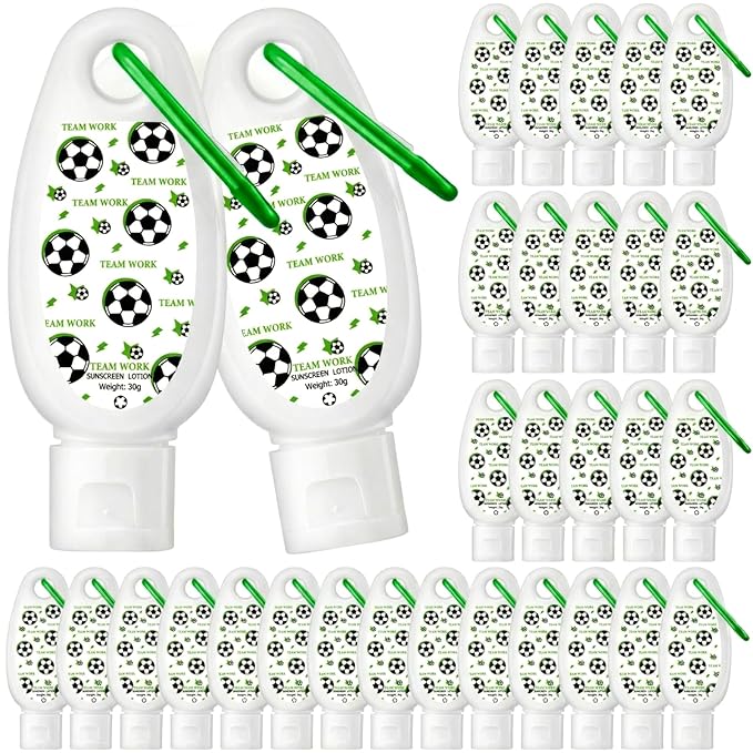 Leelosp 24 Pcs Soccer Team Gift Bulk Mini Sunscreen Travel Size 1oz Sport Party Favor Sunscreen Keychain with Clip Spf 30 Fragrance Free Broad Spectrum Soccer Accessories for Girl