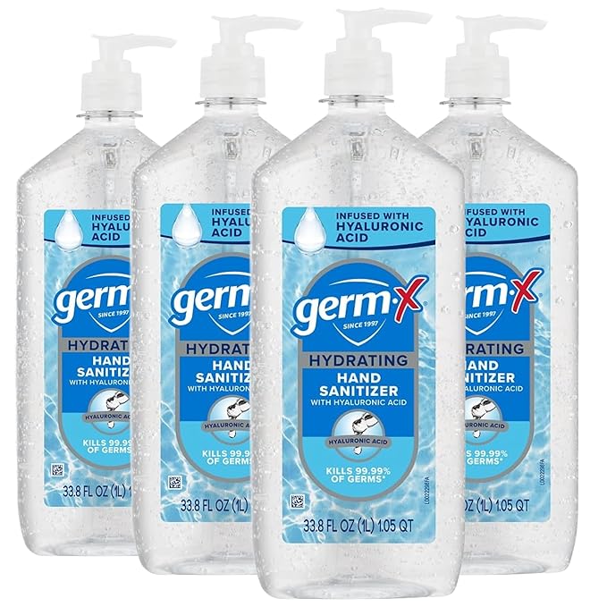 Germ-X Hydrating Hand Sanitizer with Hyaluronic Acid 1L (Pack of 4) Bulk Pack No Rinse Formula Sanitizing Liquid Gel for All Skin Types Formulated without Parabens Phthalates &amp Dyes