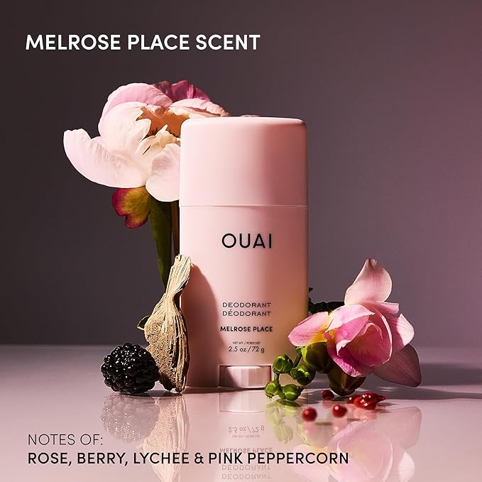 OUAI Aluminum Free Deodorant - Women's Deodorant with 24-Hour Odor Control &amp Invisible Application - Enriched with Notes of Rose Berry Lychee &amp Pink Peppercorn - Melrose Place (2.5 oz)
