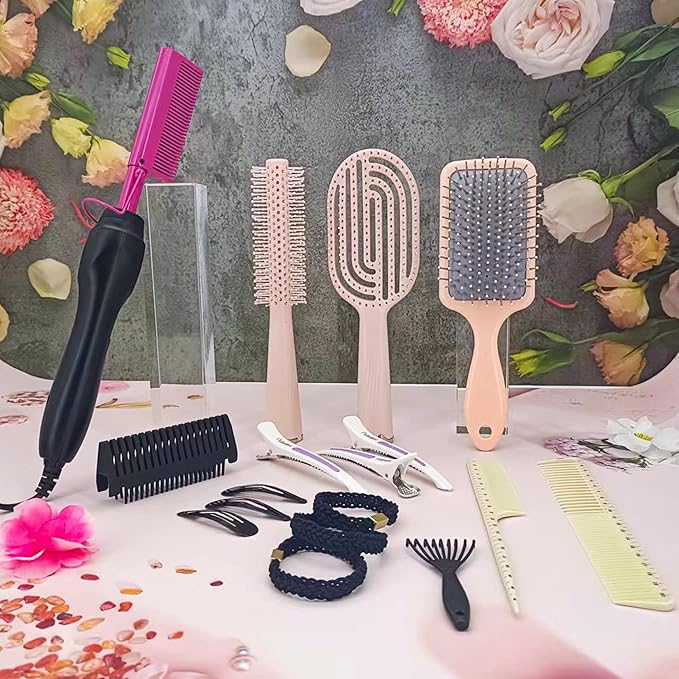 Hair Straightener Hot Comb with 15-Piece Hair Styling Set Pink Brushes and Accessories