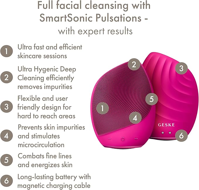 GESKE SmartAppGuided™ Sonic Facial Brush 5 in 1 | Vibrating Electric Facial Cleansing Brush | Soft Silicone Brush | Professional Facial Cleanser | Skin Cleanser &amp Exfoliator | Face Massager