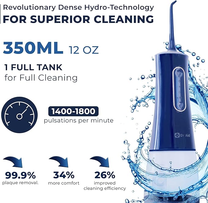 Dr. Aid Portable Water Flosser - Dental Oral Irrigator for Travel with 12Oz Tank Filter 5 Tips Type C Charger - IPX8 Waterproof Electric Flosser - Water Flossers for Teeth Gums Braces (Blue)