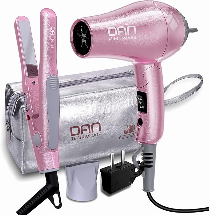 DAN Technology Flat Iron Blow Dryer Set Small Flat Irons with Travel case Concentrator Nozzle &amp EU Plug Adapter Dual Voltage &amp Folding Handle Pro Hair Dryer Set…