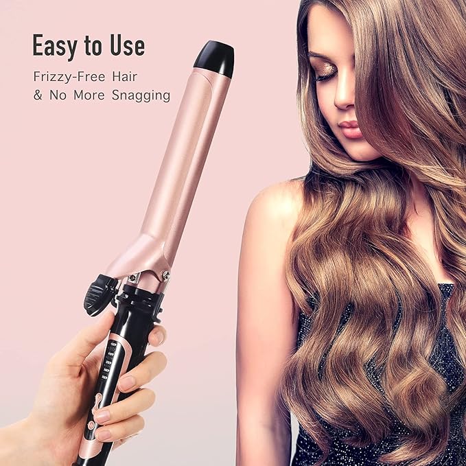 LANVIER 1.25 Inch Long Barrel Curling Iron 1 1/4 Inch Curling Iron for Medium to Long Hair up to 450F Worldwide Dual Voltage Curler for Traveling Waving Style Tool - Rose Gold