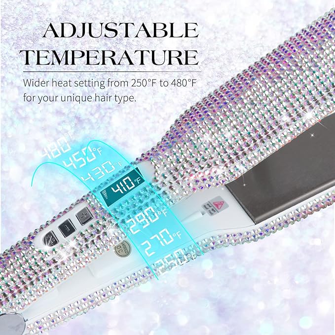 DORISILK Crystal Diamond Titanium Hair Straightener 2 Inch Rhinestone Flat Iron Dual Voltage Straightening Irons Instant Heat-up 480°F Quick Styling LCD Display Gorgeous Rhinestone (AB Shine)