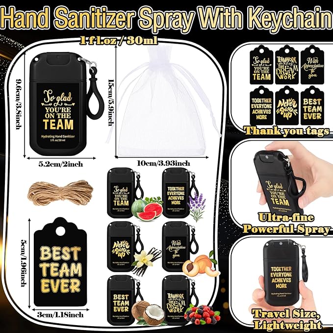 24 Set Team Employee Appreciation Gifts Bulk Mini Mist Hand Sanitizer Spray Keychain 1 oz Travel Size with Tags Thank You Gifts for Employee Team Teacher Coworker Staff Nurse
