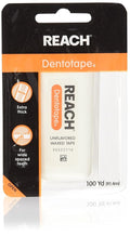 Reach Dentotape Waxed Dental Floss with Extra Wide Cleaning Surface for Large Spaces between Teeth Unflavored 100 Yards (Pack of 4)