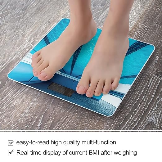 Blue Swimming Pool Scale for Body Weight Safe Rounded Corners Tempered Glass Digital Bathroom Scale LED Display 400lb Capacity Weight Scales with High Precision Sensors