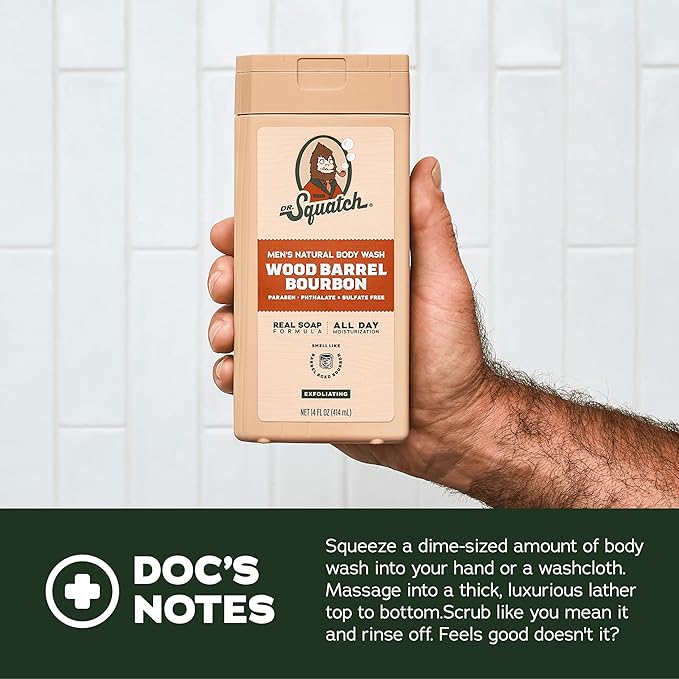 Dr. Squatch Natural Men's Body Wash Shower Gel - Cleansing Nourishing Long Lasting Scent Moisturizing Body Wash for Men - Pine Tar + Wood Barrel Bourbon (14 oz 2-Pack)