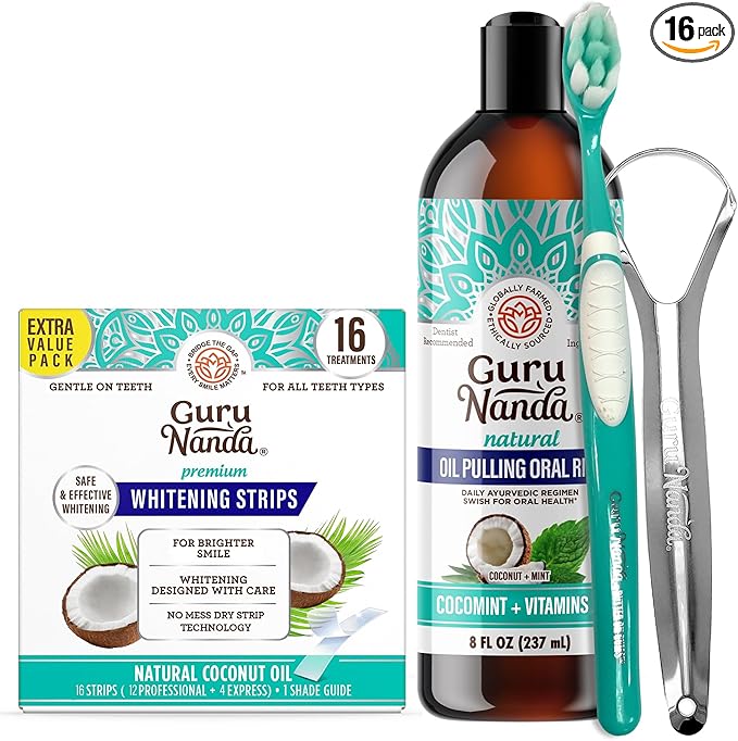 GuruNanda Coconut &amp Mint Oil Pulling with Tongue Scraper &amp Teeth Whitening Strips - 16 Day Treatments - Enamel-Safe Strips for Sensitive Teeth Dry Strip Technology