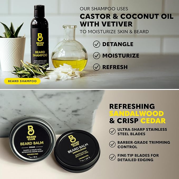 The Beard Club Ultimate Beard Growth Kit - Derma Roller Growth Oil Vitamins Vitamin Spray Biotin Balm Conditioner Cream Balms Shampoo Razor Scissors Combs Brush Cleansing Spray - Gift Set