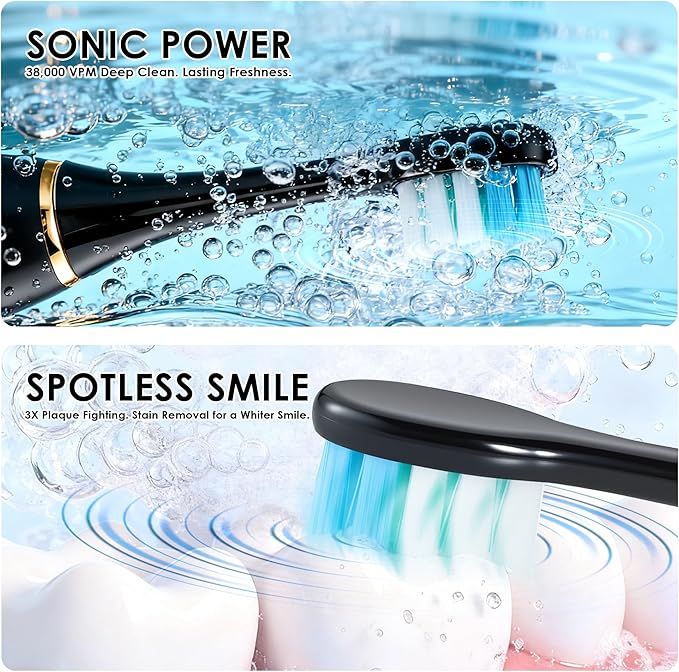 38000 VPM Sonic Electric Toothbrush Set with 6 Brush Heads-2 Minute Timer-4 Cleaning SettingsIPX7 WaterproofLightweight and USB Rechargeable Toothbrush for Oral Care (E0010-Black)