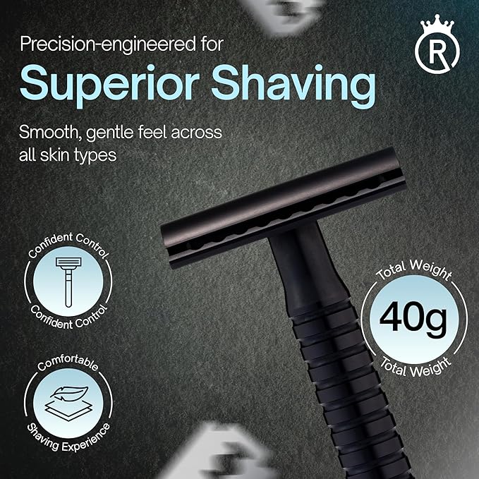Reggie’s Razors Jupiter Aluminum Safety Razor for Men - Double Edge Shaving Razor CNC-Machined - Made in UK - Aerospace Grade Textured Grip Suitable All Skin Types - Includes 10 Blades – Black