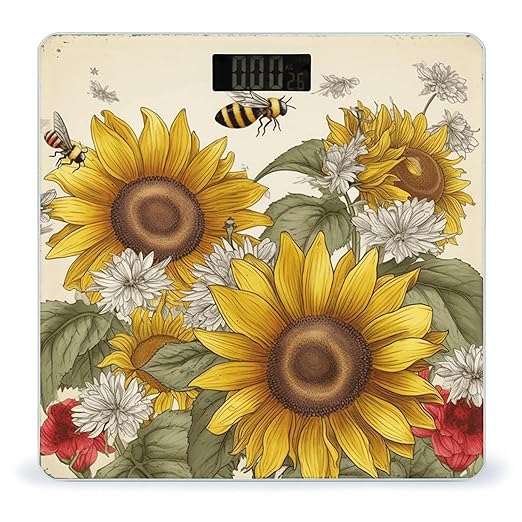 Bees Sunflowers Daisy Rose Flowers Bathroom Scale for Body Weight LCD Display Digital Bathroom Scale Tempered Glass Bathroom Weight Scales Fashion Smart Scales for Home Bedroom 400 Lb