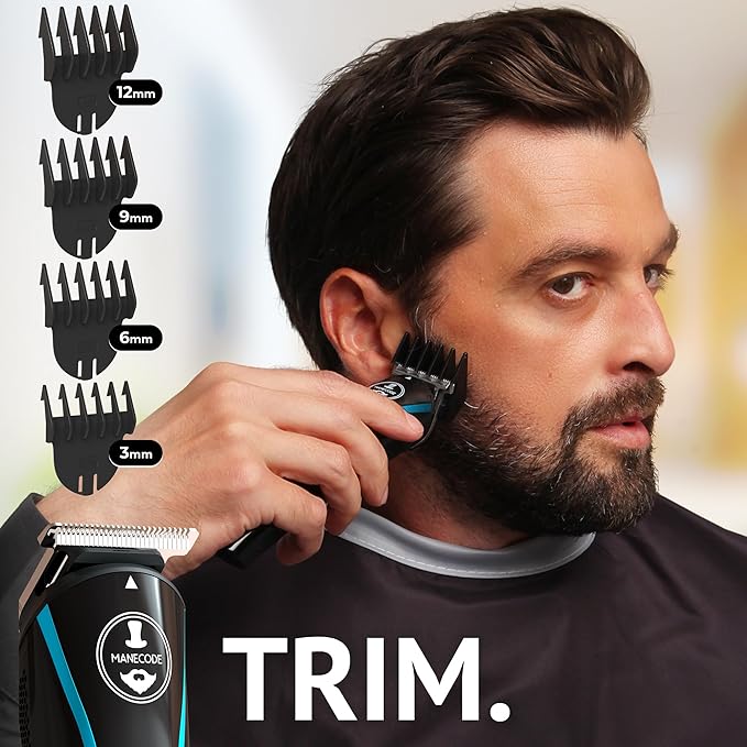 MANECODE® Beard &amp Hair Trimmer for Men – Self-Sharp Blades® USB-C Waterproof LED Display Multi-Grooming Kit