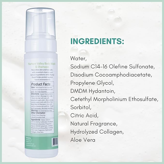 Nurture Rinse Free Body Wash &amp Shampoo w/Aloe | Hospital Grade Hair &amp Body Waterless Cleansing Foam | Women Camping Elderly &amp Hospital Patients | Shower Bath Hand Soap for Sensitive Dry