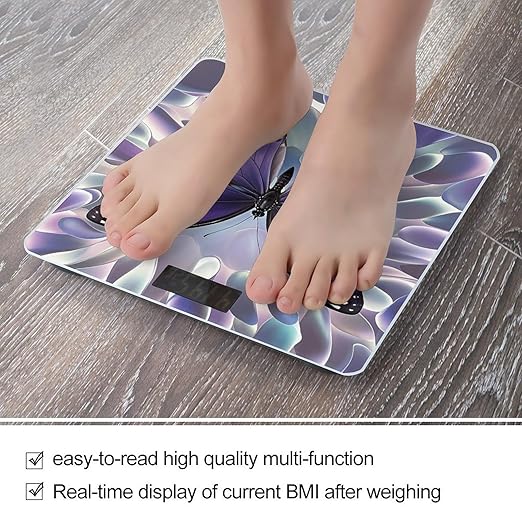 Beautiful Purple Butterfly Art Bathroom Scale for Body Weight with High Precision Large LCD Backlight Display Digital Weighing Scale with BMI Capacity Up to 180kg