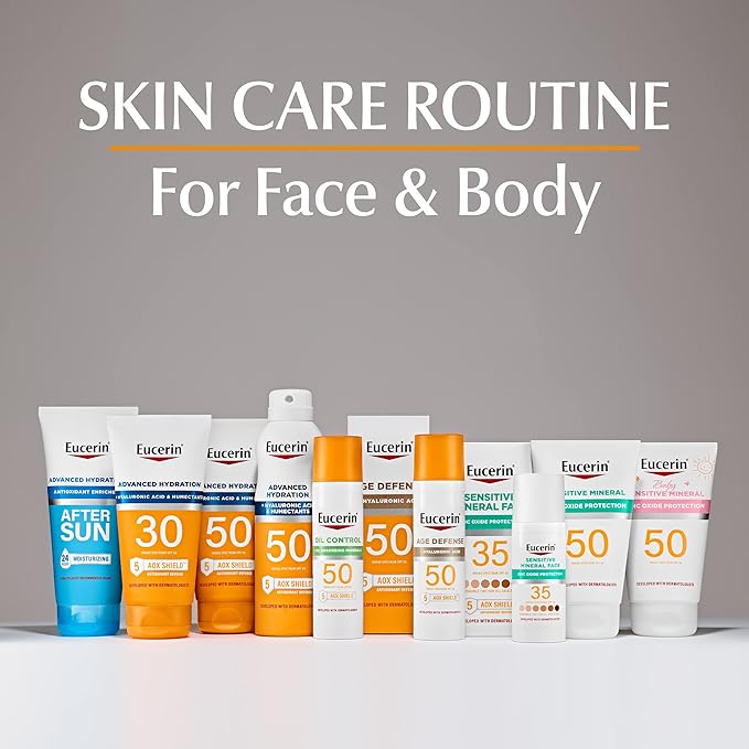 Eucerin Sun Advanced Hydration SPF 50 Sunscreen Lotion (5 Fl Oz) + Age Defense Face Sunscreen Lotion SPF 50 (2.5 Fl Oz) Hypoallergenic and Lightweight Sun Protection with Hyaluronic Acid