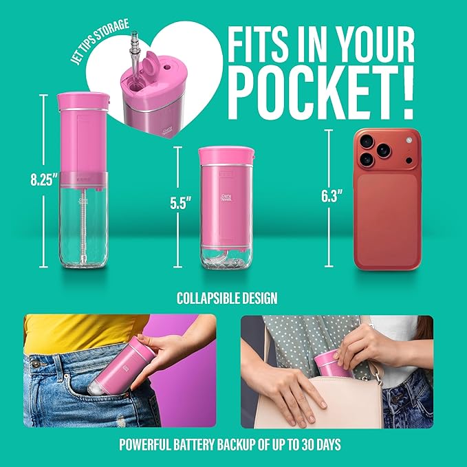 GuruNanda Compact Water Dental Flosser Portable Travel Size Oral Irrigator Flosser with Collapsible 180 ml Tank Smart Timer 4 Flossing Modes TSA-Friendly - Pink