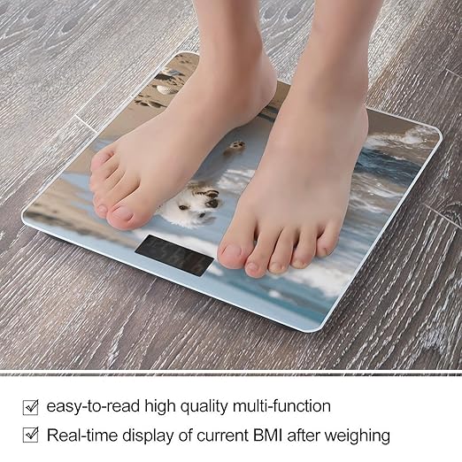 Dog Running on The Beach Weight Scale Cute Bathroom Scale for Body Highly Accurate Digital Weighing Machine for People Compact LCD Display Scales with Sturdy Toughened Glass Scales