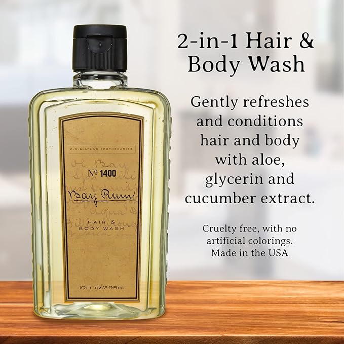 C.O. Bigelow Bay Rum Hair &amp Body Wash for Men Citrus Spice Scented Men's 2 in 1 Shampoo &amp Body Wash with Aloe Vera 10 Fl Oz