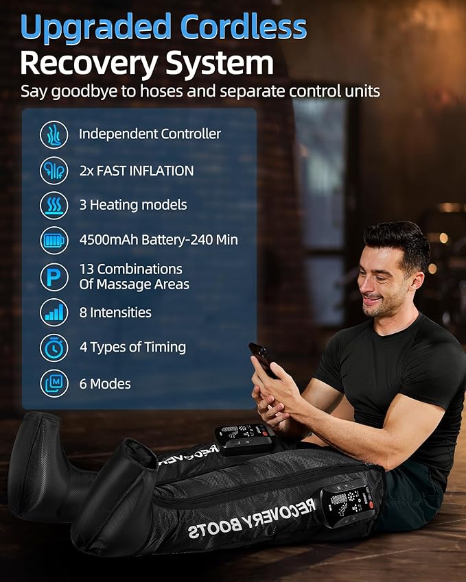 Leg Massager with Heat and Compression: Cordless Recovery System for Improved Circulation Professional Foot Massage Boots with 5 Massage Areas 8 Intensities(Only Single Leg)-Medium