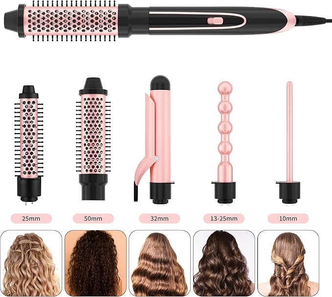 5-in-1 Curling Iron Set for Creating a Variety of Curls Including one hot air Brush and Four Interchangeable Ceramic Curling Barrels Dual Voltage Comes with Gloves and Hair Clips (0.3–1.5 inches)
