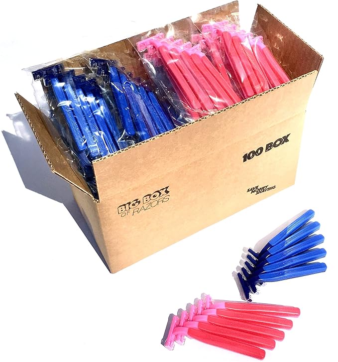 100 Box Combo of Blue and Pink Razor Blades Disposable Stainless Steel Hospitality Quality Shavers High End Twin Blade Razors for Men and Women with Aloe Vera Lubrication Strip
