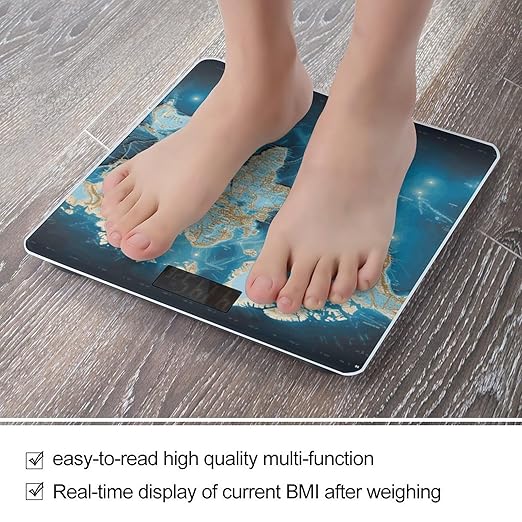 World Map Bathroom Scale for Body Weight with High Precision Large LCD Backlight Display Digital Weighing Scale with BMI Capacity Up to 180kg