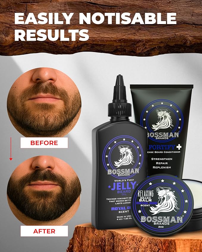 Bossman Essentials Beard Kit for Men Set of 3 - Beard Oil Jelly Fortifying Conditioner Cream Beard Balm - Grooming Growth Care Accessories - Gift Set for Men (Royal Oud)