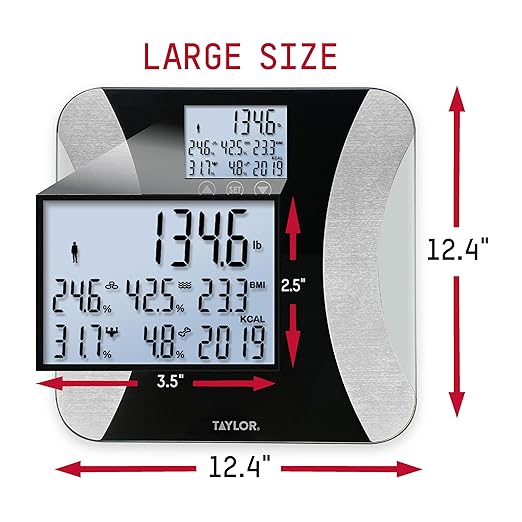 Taylor Digital Glass Body Composition Scale - Measures Body Fat Water Muscle Mass - Athlete Mode 8-User Recognition 500 lb Capacity Black