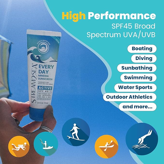 SPF 45 Every Day Active Mineral Sunscreen | 2.5 Fl Oz Biodegradable &amp Reef Safe Sunscreen for Face &amp Body | Non-Greasy Lightweight &amp Sheer Mineral Protection Against UVA &amp UVB by Stre