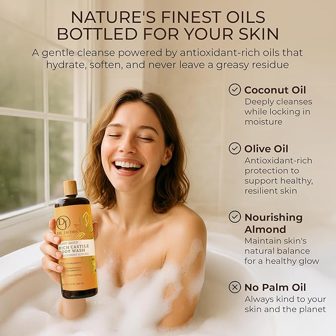 Dr. Jacobs Naturals Pure Castile Soap Liquid Body Wash Almond - Plant Based Castile Soap Infused with Vitamin E and Aloe Vera to Moisturize Dry and Sensitive Skin - Made in The USA - 32 oz Pack of 1