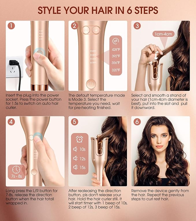 Automatic Curling Iron Auto Hair Curler with 1 Curling Wand Large Slot &amp 4 Temperature &amp 3 Timer Dual Voltage Anti-Tangle Rotating Curling Iron with Auto Shut-Off for Hair Styling Champagn