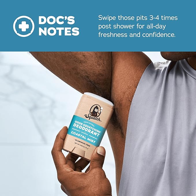 Dr. Squatch Natural Men’s Deodorant – Aluminum Free Natural Deodorant Men with Charcoal &amp Postbiotics for 72-Hour Odor Protection – Coastal Mist 2.65oz Stick (3-Pack)