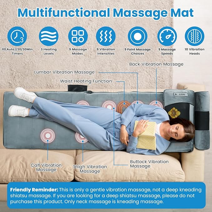 Full Body Massage Mat with HeatElectric Massage Pad W/ Detachable Neck Massager&ampFoot Massager3 Heated Levels 10 Vibrating Nodes W/Inflatable Head Pillow Lumbar PillowTimer Earplugs for Home Use