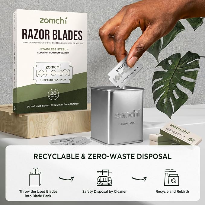 Zomchi 100 Counts Double Edge Razor Blades 2.0 with Premium Metal Razor
