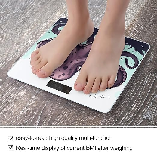 Octopus Tentacles Scale for Body Weight Anti-Slip Digital Bathroom Scale Sturdy Toughened Glass Weighing Scales High Precision Safe Rounded Corners Smart Scales